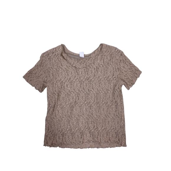 VTG Women’s XL Cropped Lace Sheer Top Tan Mesh Short Sleeve Boho Romantic Blouse - Picture 1 of 4